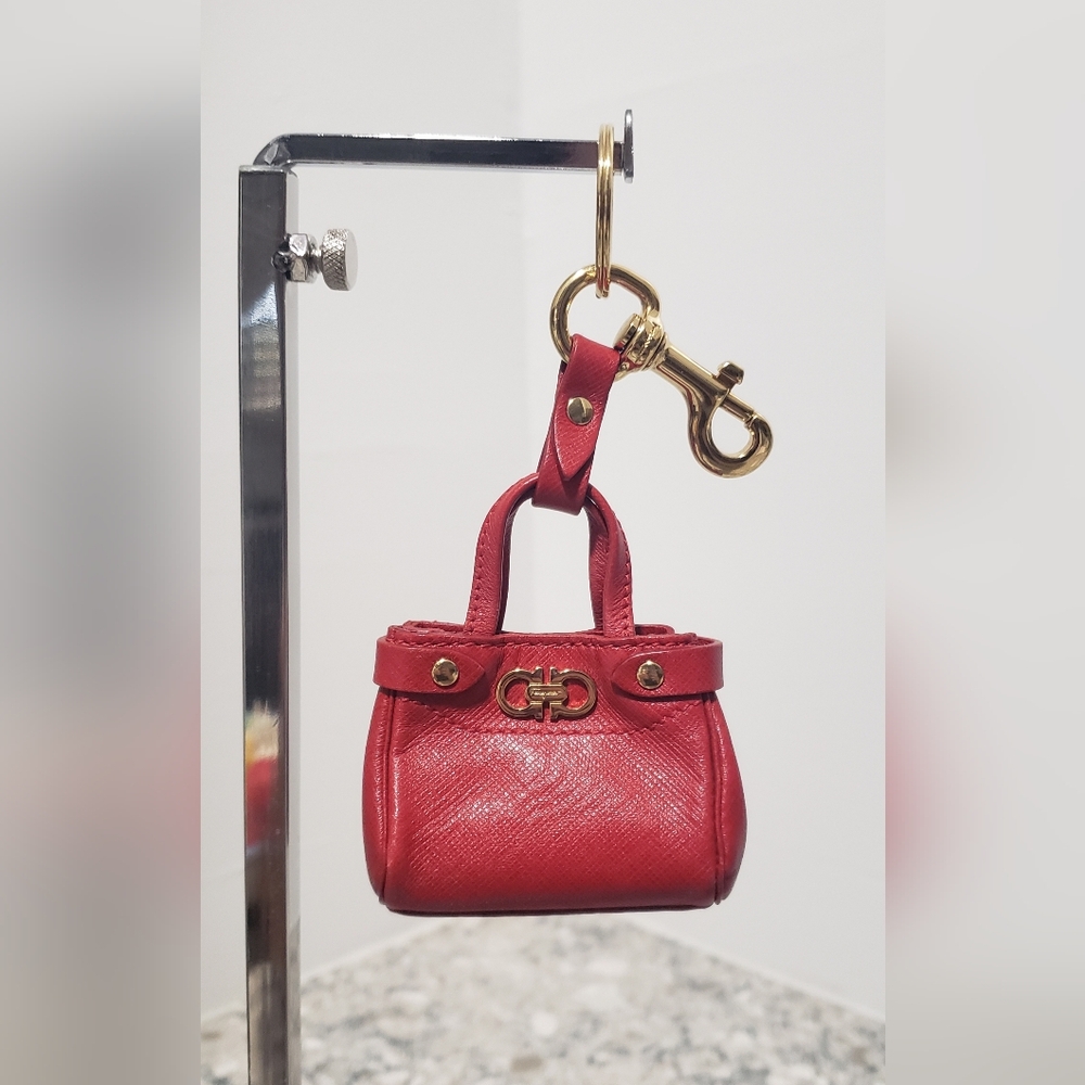 Salvatore Ferragamo Red Leather Micro Tote Bag Key Charm Keychain